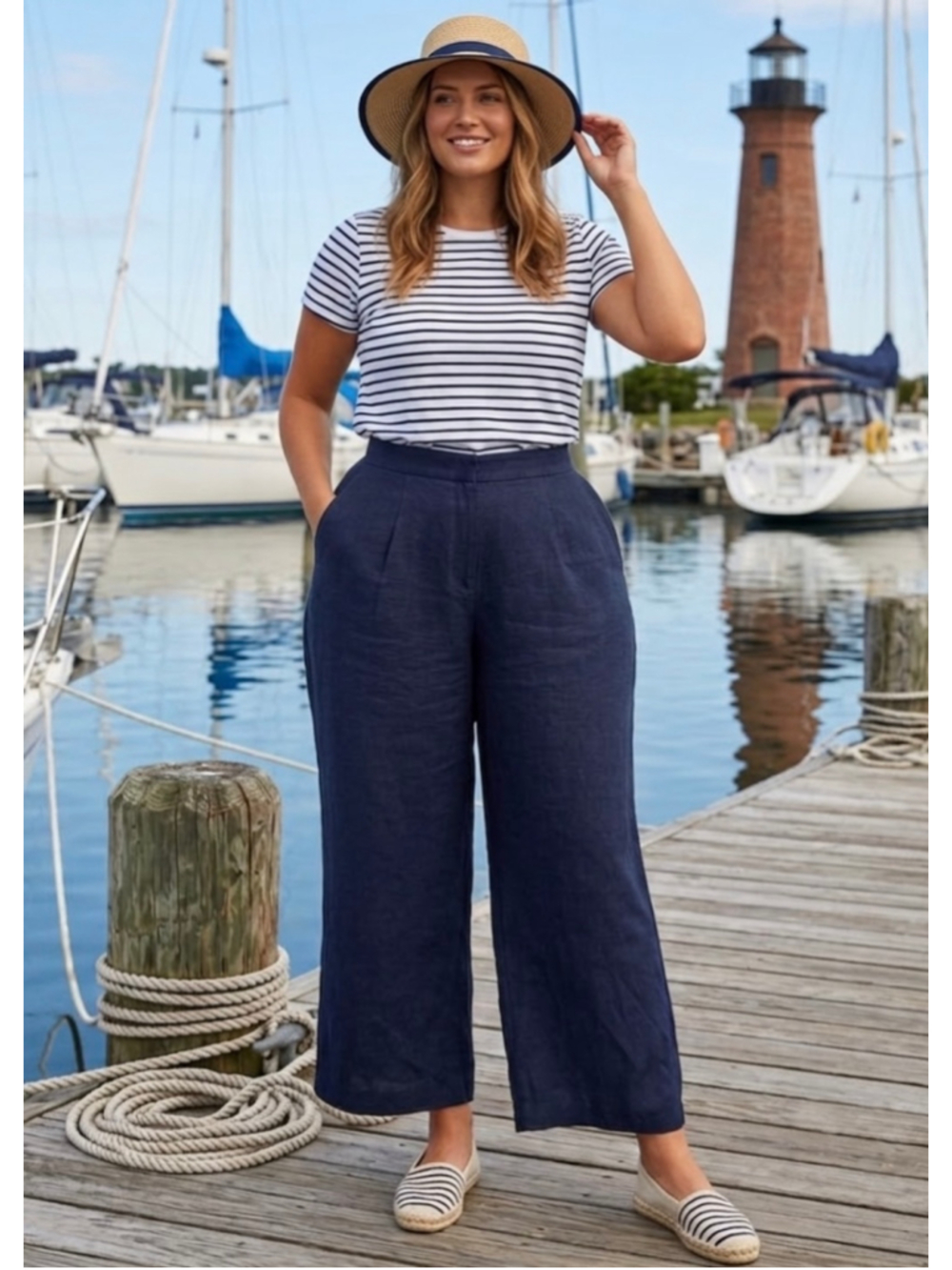 NWT Zara Wide Leg Linen Pants Size L Navy Blue Nautical